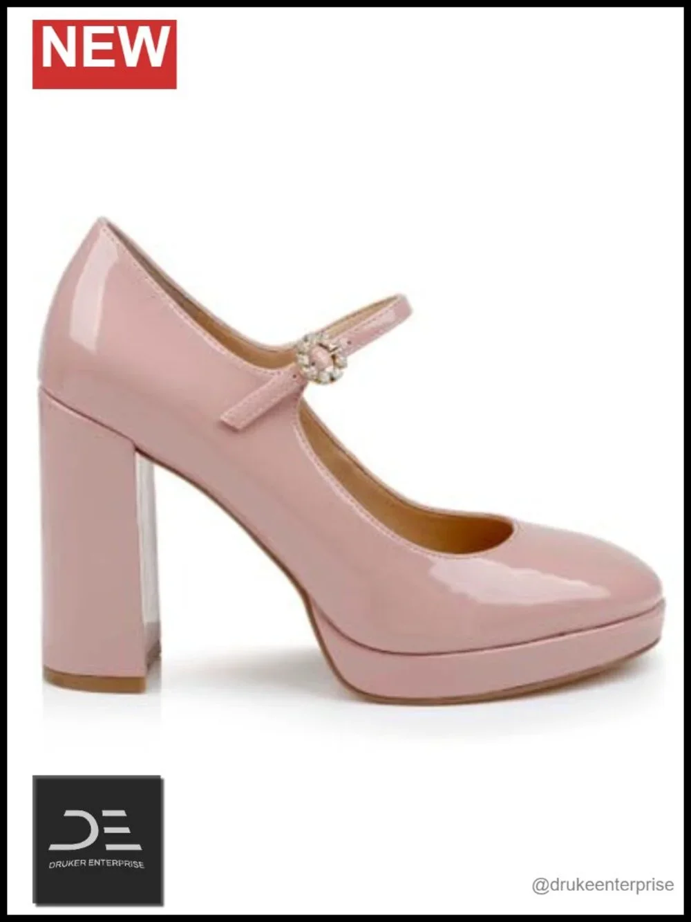Mary Jane Platform Pumps Patent Leather Block Heel Rhinestone